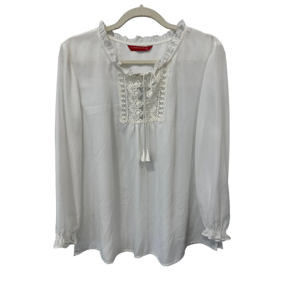 Lorenza Blau Crochet Lace Blouse Women 36 Ruffle Trim Tie Neck White Polyester
